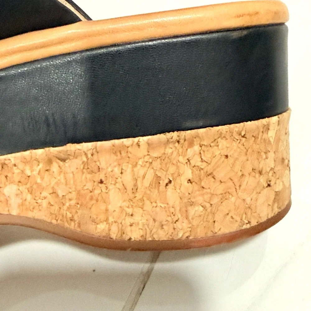 Corso Como Black Leather Platform Cork Thong Sandals 8M‎